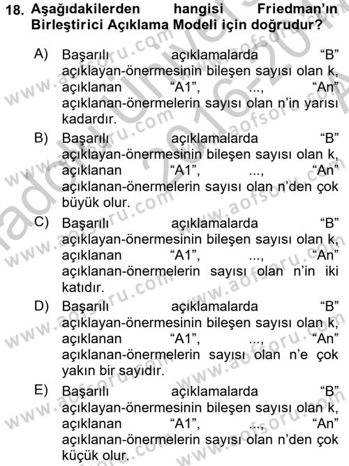 Bilim Felsefesi Dersi 2016 - 2017 Yılı (Vize) Ara Sınav Soruları 18. Soru
