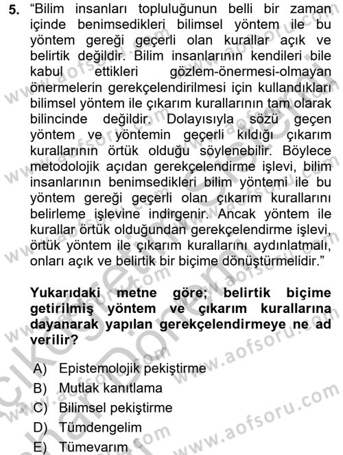 Bilim Felsefesi Dersi 2016 - 2017 Yılı (Vize) Ara Sınav Soruları 5. Soru