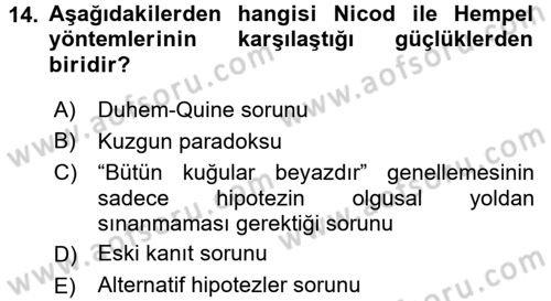 Bilim Felsefesi Dersi 2016 - 2017 Yılı (Final) Dönem Sonu Sınav Soruları 14. Soru