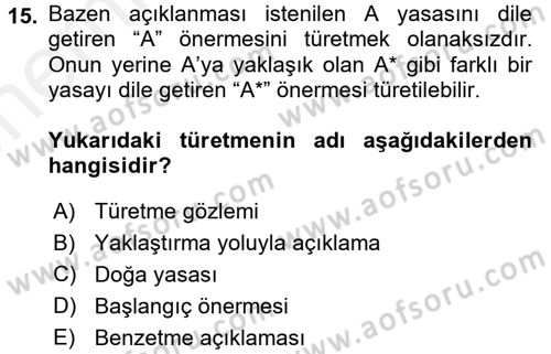 Bilim Felsefesi Dersi Ara Sınavı Deneme Sınav Soruları 15. Soru