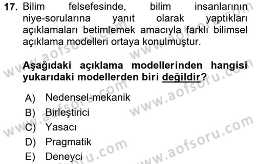 Bilim Felsefesi Dersi Ara Sınavı Deneme Sınav Soruları 17. Soru
