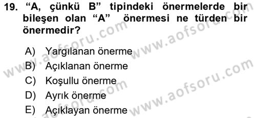 Bilim Felsefesi Dersi 2017 - 2018 Yılı (Vize) Ara Sınavı 19. Soru