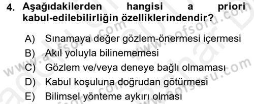 Bilim Felsefesi Dersi 2017 - 2018 Yılı (Vize) Ara Sınav Soruları 4. Soru
