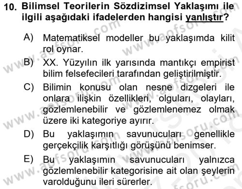 Bilim Felsefesi Dersi 2017 - 2018 Yılı (Final) Dönem Sonu Sınav Soruları 10. Soru