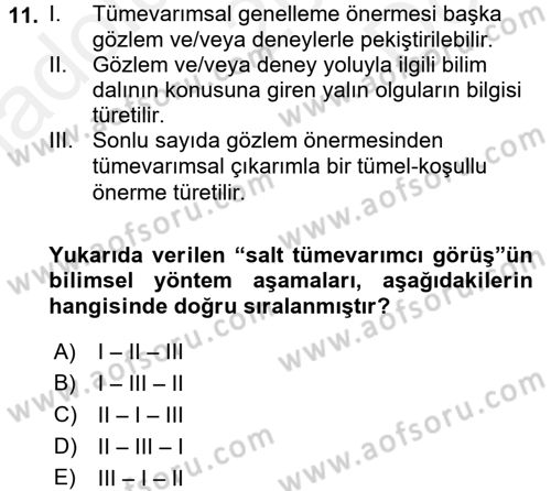 Bilim Felsefesi Dersi 2017 - 2018 Yılı (Final) Dönem Sonu Sınav Soruları 11. Soru
