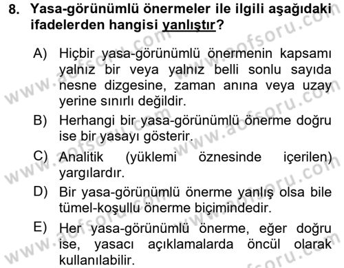 Bilim Felsefesi Dersi 2017 - 2018 Yılı (Final) Dönem Sonu Sınav Soruları 8. Soru