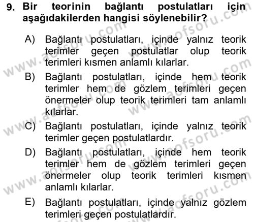 Bilim Felsefesi Dersi 2017 - 2018 Yılı (Final) Dönem Sonu Sınav Soruları 9. Soru