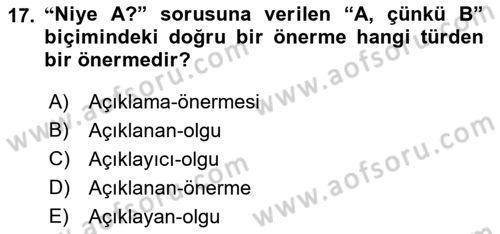 Bilim Felsefesi Dersi Ara Sınavı Deneme Sınav Soruları 17. Soru