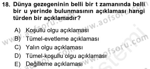 Bilim Felsefesi Dersi Ara Sınavı Deneme Sınav Soruları 18. Soru