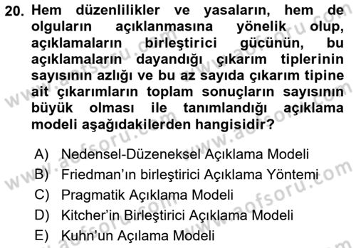 Bilim Felsefesi Dersi Ara Sınavı Deneme Sınav Soruları 20. Soru