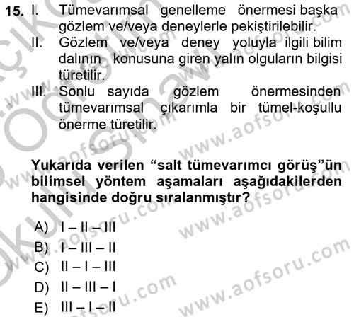 Bilim Felsefesi Dersi 2018 - 2019 Yılı Yaz Okulu Sınav Soruları 15. Soru