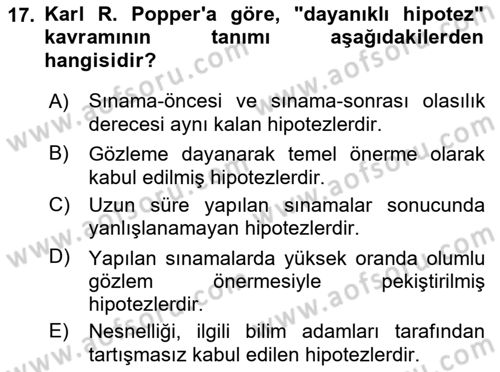 Bilim Felsefesi Dersi 2018 - 2019 Yılı Yaz Okulu Sınav Soruları 17. Soru