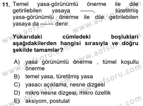 Bilim Felsefesi Dersi 2019 - 2020 Yılı (Final) Dönem Sonu Sınav Soruları 11. Soru