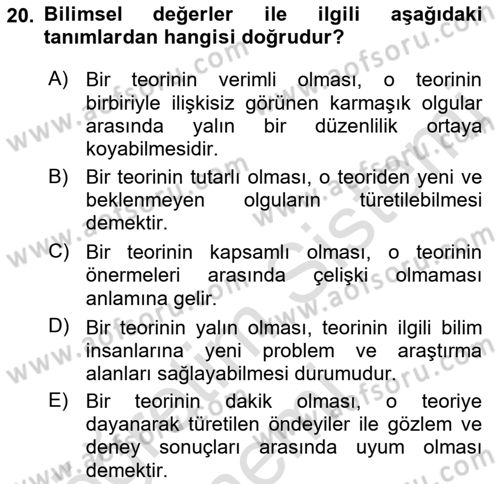 Bilim Felsefesi Dersi 2019 - 2020 Yılı (Final) Dönem Sonu Sınav Soruları 20. Soru