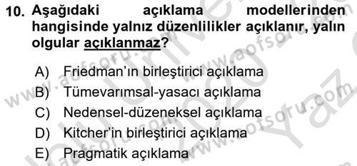 Bilim Felsefesi Dersi 2020 - 2021 Yılı Yaz Okulu Sınav Soruları 10. Soru