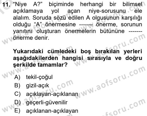 Bilim Felsefesi Dersi 2020 - 2021 Yılı Yaz Okulu Sınav Soruları 11. Soru