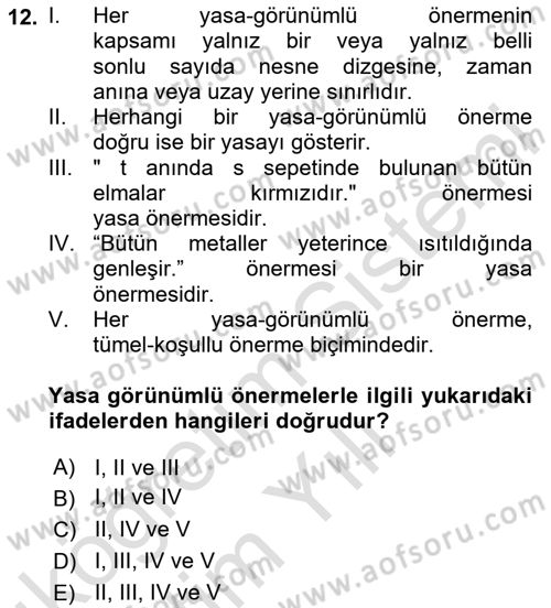 Bilim Felsefesi Dersi 2020 - 2021 Yılı Yaz Okulu Sınav Soruları 12. Soru
