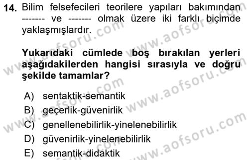 Bilim Felsefesi Dersi 2020 - 2021 Yılı Yaz Okulu Sınav Soruları 14. Soru