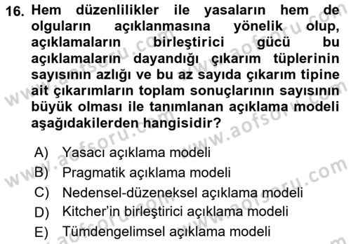 Bilim Felsefesi Dersi Ara Sınavı Deneme Sınav Soruları 16. Soru