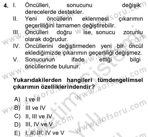 Bilim Felsefesi Dersi Ara Sınavı Deneme Sınav Soruları 4. Soru