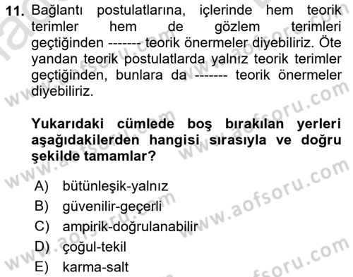 Bilim Felsefesi Dersi 2021 - 2022 Yılı (Final) Dönem Sonu Sınav Soruları 11. Soru