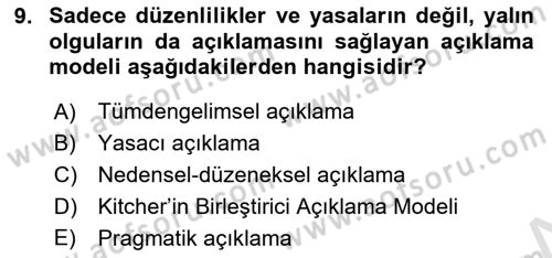 Bilim Felsefesi Dersi 2021 - 2022 Yılı (Final) Dönem Sonu Sınav Soruları 9. Soru