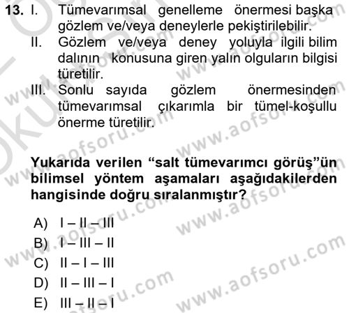 Bilim Felsefesi Dersi 2021 - 2022 Yılı Yaz Okulu Sınav Soruları 13. Soru