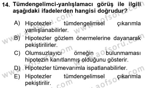 Bilim Felsefesi Dersi 2021 - 2022 Yılı Yaz Okulu Sınav Soruları 14. Soru