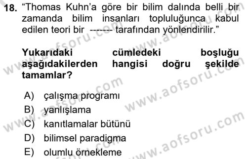 Bilim Felsefesi Dersi 2021 - 2022 Yılı Yaz Okulu Sınav Soruları 18. Soru