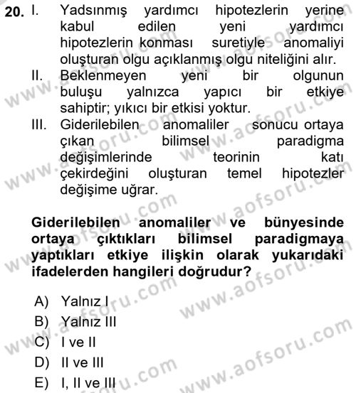 Bilim Felsefesi Dersi 2021 - 2022 Yılı Yaz Okulu Sınav Soruları 20. Soru