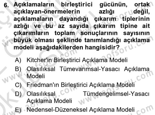 Bilim Felsefesi Dersi 2021 - 2022 Yılı Yaz Okulu Sınav Soruları 6. Soru