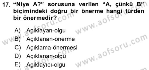 Bilim Felsefesi Dersi Ara Sınavı Deneme Sınav Soruları 17. Soru