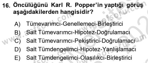 Bilim Felsefesi Dersi 2022 - 2023 Yılı (Final) Dönem Sonu Sınav Soruları 16. Soru