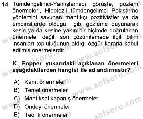 Bilim Felsefesi Dersi 2022 - 2023 Yılı Yaz Okulu Sınav Soruları 14. Soru