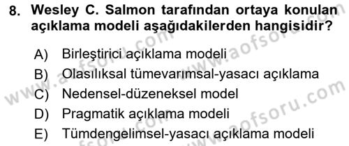 Bilim Felsefesi Dersi 2022 - 2023 Yılı Yaz Okulu Sınav Soruları 8. Soru
