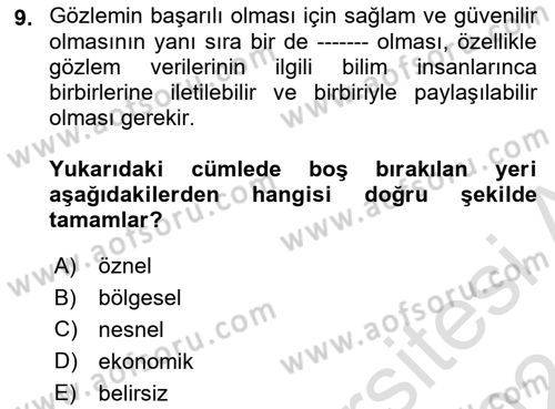Bilim Felsefesi Dersi Ara Sınavı Deneme Sınav Soruları 9. Soru