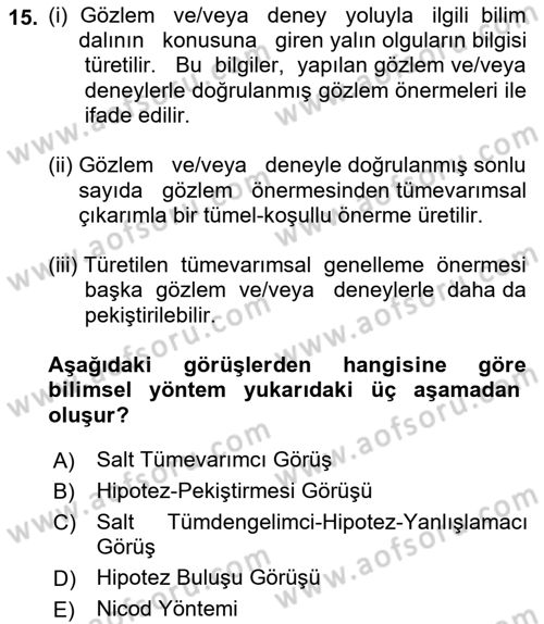 Bilim Felsefesi Dersi 2023 - 2024 Yılı (Final) Dönem Sonu Sınav Soruları 15. Soru