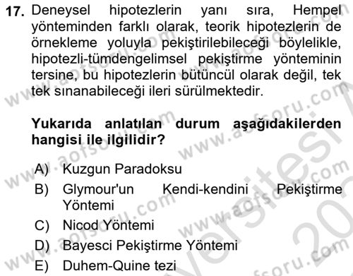 Bilim Felsefesi Dersi 2023 - 2024 Yılı Yaz Okulu Sınav Soruları 17. Soru