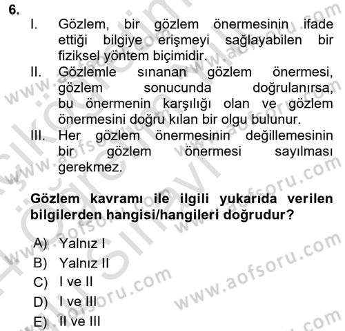 Bilim Felsefesi Dersi 2023 - 2024 Yılı Yaz Okulu Sınav Soruları 6. Soru