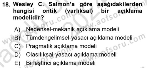 Bilim Felsefesi Dersi 2024 - 2025 Yılı (Vize) Ara Sınav Soruları 18. Soru