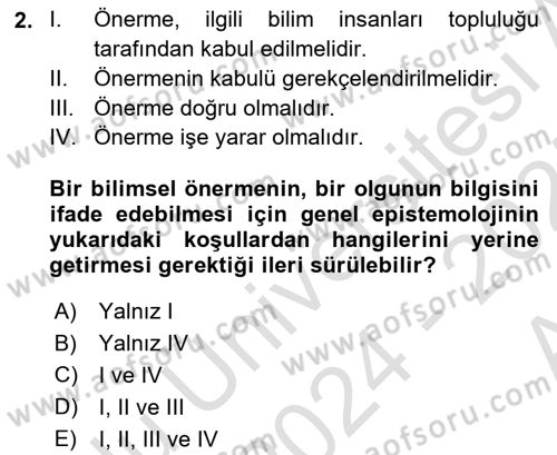 Bilim Felsefesi Dersi Ara Sınavı Deneme Sınav Soruları 2. Soru