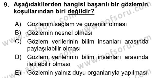 Bilim Felsefesi Dersi Ara Sınavı Deneme Sınav Soruları 9. Soru