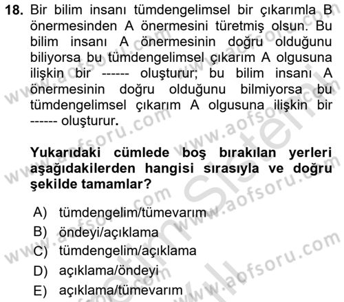 Bilim Felsefesi Dersi 2025 - 2026 Yılı (Vize) Ara Sınav Soruları 18. Soru