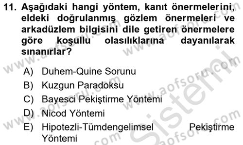 Bilim Felsefesi Dersi 2025 - 2026 Yılı (Final) Dönem Sonu Sınav Soruları 11. Soru