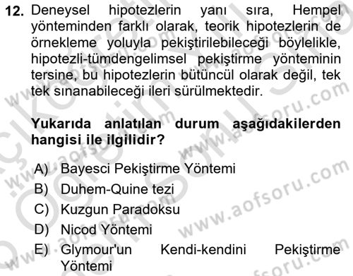 Bilim Felsefesi Dersi 2025 - 2026 Yılı (Final) Dönem Sonu Sınav Soruları 12. Soru