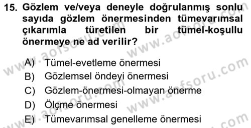 Bilim Felsefesi Dersi 2025 - 2026 Yılı (Final) Dönem Sonu Sınav Soruları 15. Soru