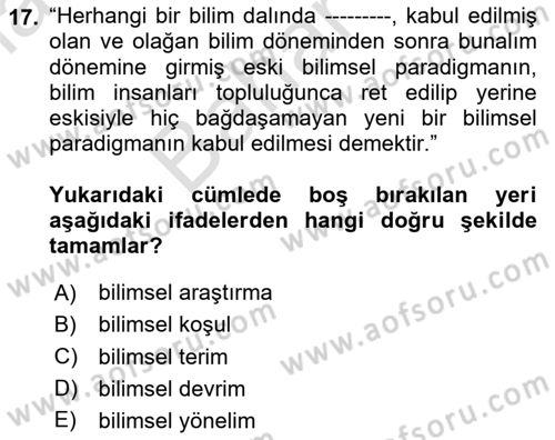 Bilim Felsefesi Dersi 2025 - 2026 Yılı (Final) Dönem Sonu Sınav Soruları 17. Soru