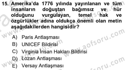 Yurttaşlık ve Çevre Bilgisi Dersi Ara Sınavı Deneme Sınav Soruları 15. Soru