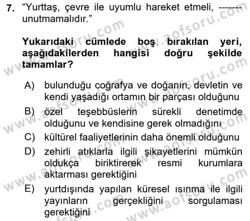 Yurttaşlık ve Çevre Bilgisi Dersi 2018 - 2019 Yılı 3 Ders Sınav Soruları 7. Soru