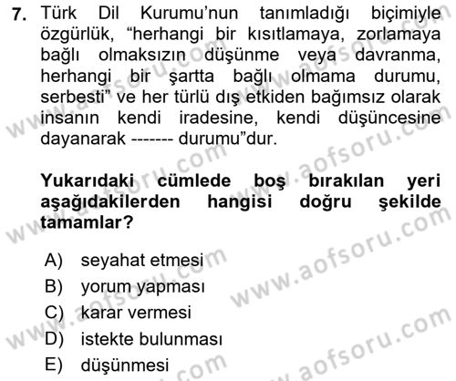 Yurttaşlık ve Çevre Bilgisi Dersi 2018 - 2019 Yılı (Final) Dönem Sonu Sınav Soruları 7. Soru